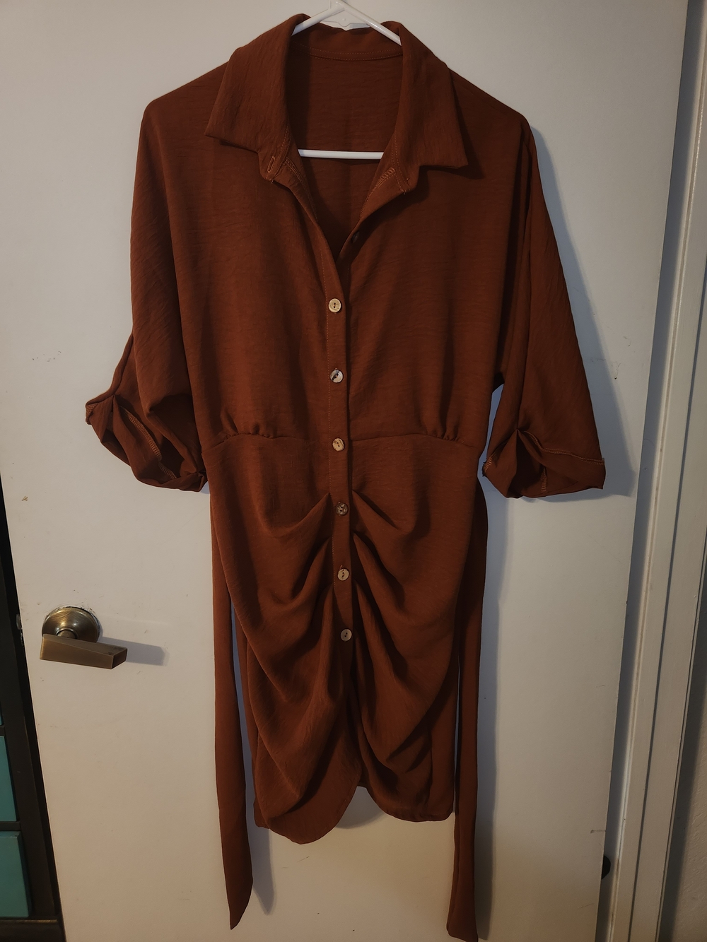 Rust Button-Front Midi Shirt Dress with Ruched Front